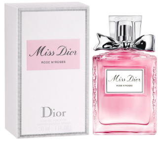 Parfumfles Miss Dior Rose N’Roses 50 ml naast de verpakking.