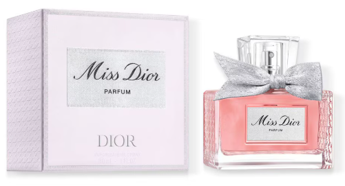 Miss Dior 50 ml parfumfles naast de verpakking.