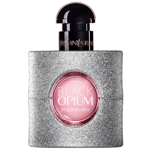 Voorzijde van de Black Opium Glitter Edition 50 ml parfumfles met glinsterend design.
