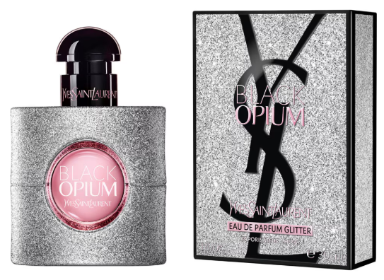 Glitterende verpakking en parfumfles van Black Opium Glitter Edition 50 ml.